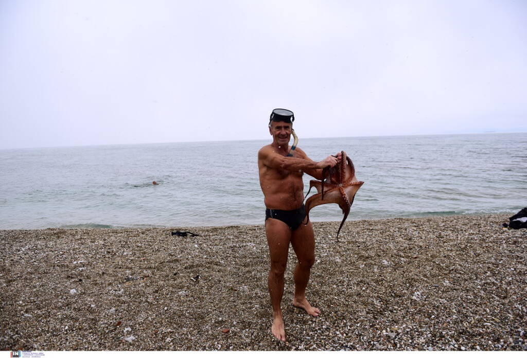 Κακοκαιρία «Ελπίδα»: Βούτηξε στην παγωμένη θάλασσα και έβγαλε τεράστιο χταπόδι (photos)