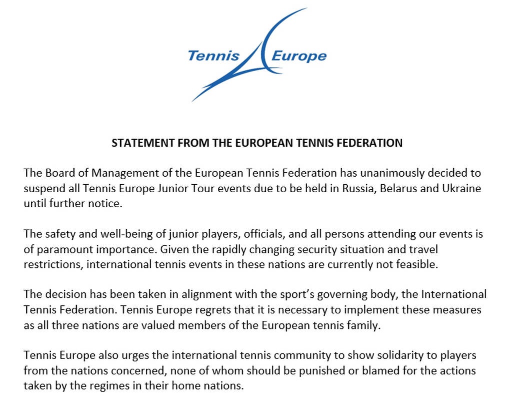 Αποσύρει και η Tennis Europe τα τουρνουά της από Ρωσία, Ουκρανία και Λευκορωσία