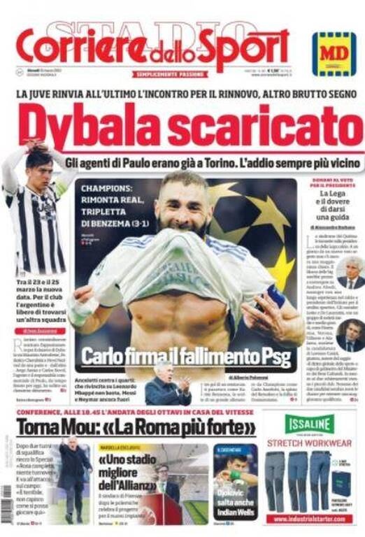 Η ιταλική εφημερίδα «Corriere dello Sport» αναφέρεται στον Κάρλο Αντσελότι, ο οποίος... υπέγραψε τον αποκλεισμό της Παρί