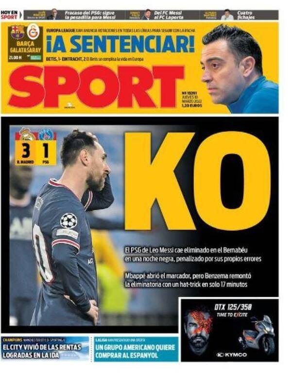 «Νοκ άουτ» γράφει η καταλανική «Sport» με μεγάλη φωτογραφία του απογοητευμένου (και απογοητευτικού) Μεσι