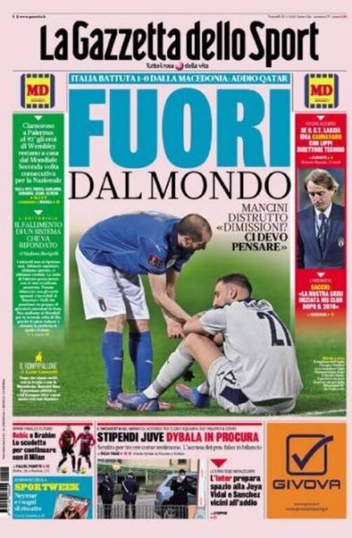 «Έξω από το Παγκόσμιο» γράφει ο τίτλος της «Gazzetta dello Sport»
