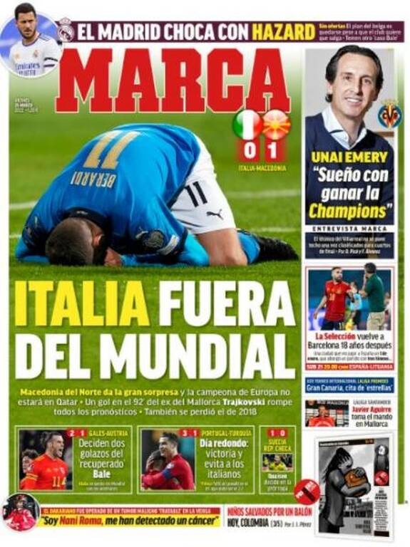 Ο τίτλος της ισπανικής «Marca» γράφει: «Η Ιταλία εκτός Μουντιάλ».
