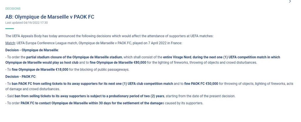 UEFA: Η καμπάνα σε ΠΑΟΚ και Μαρσέιγ για τα επεισόδια στη Μασσαλία