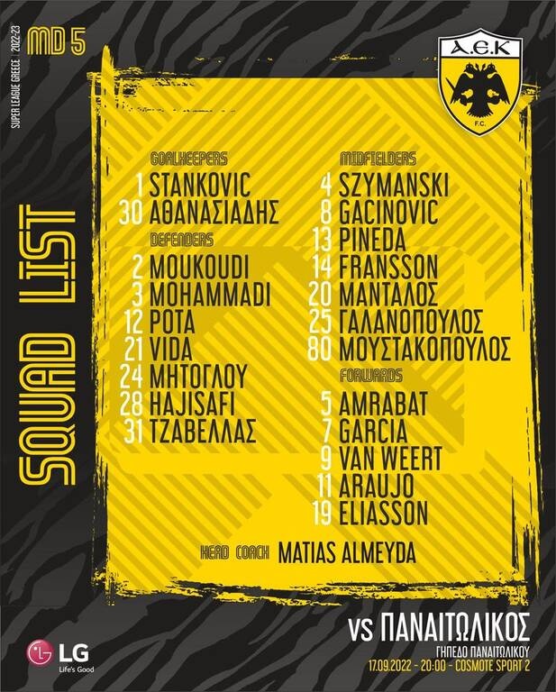 ΑΕΚ: Με Αραούχο στο Αγρίνιο, εκτός ο Γιόνσον - Οι «εκλεκτοί» του Αλμέιδα (photo)