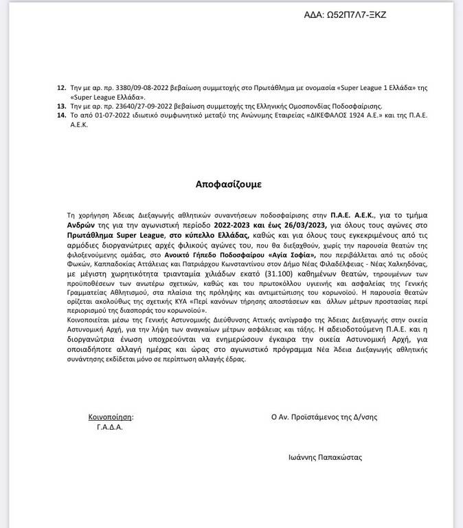 ΑΕΚ: Στη Διαύγεια η επίσημη άδεια της «OPAP Arena»