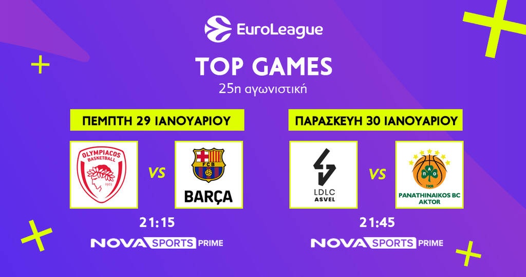 Euroleague: Ντέρμπι Ολυμπιακός – Μπαρτσελόνα στο ΣΕΦ, με Βιλερμπάν στη Γαλλία ο Παναθηναϊκός AKTOR