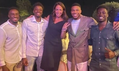 Ανέβηκε σε καρέκλα η Δόμνα Μιχαηλίδου για να φωτογραφηθεί με τα αδέρφια Αντετοκούνμπο!