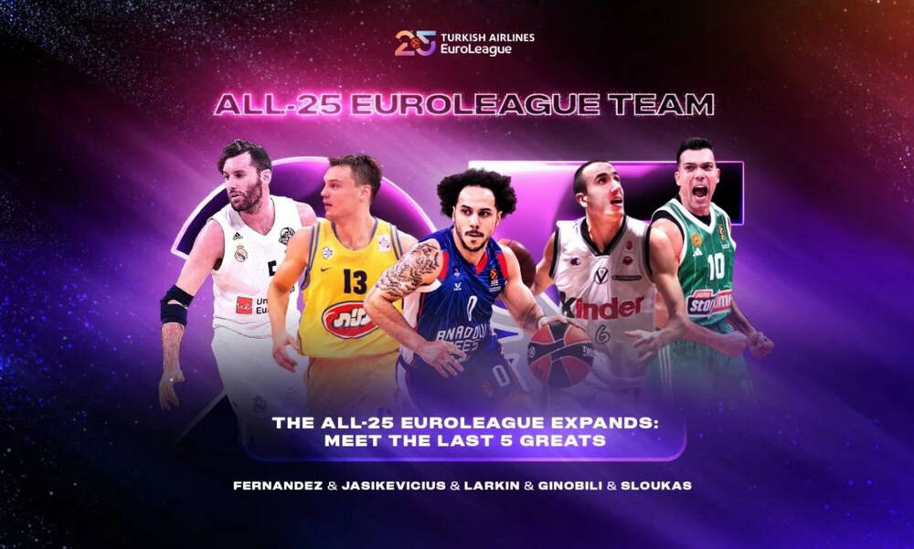 Euroleague: Με Σλούκα, Τζινόμπιλι και Γιασικεβίτσιους η τελευταία 5άδα για την All-25 Team