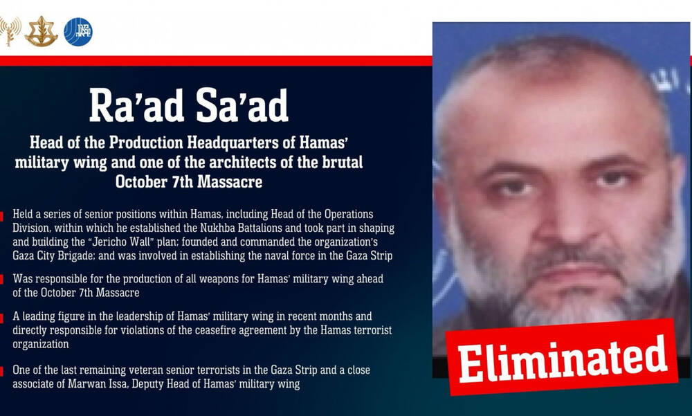 Ισραήλ: Νεκρός ο Ραέντ Σαάντ, νούμερο 2 της ένοπλης Χαμάς - Από τους αρχιτέκτονες της 7ης Οκτωβρίου